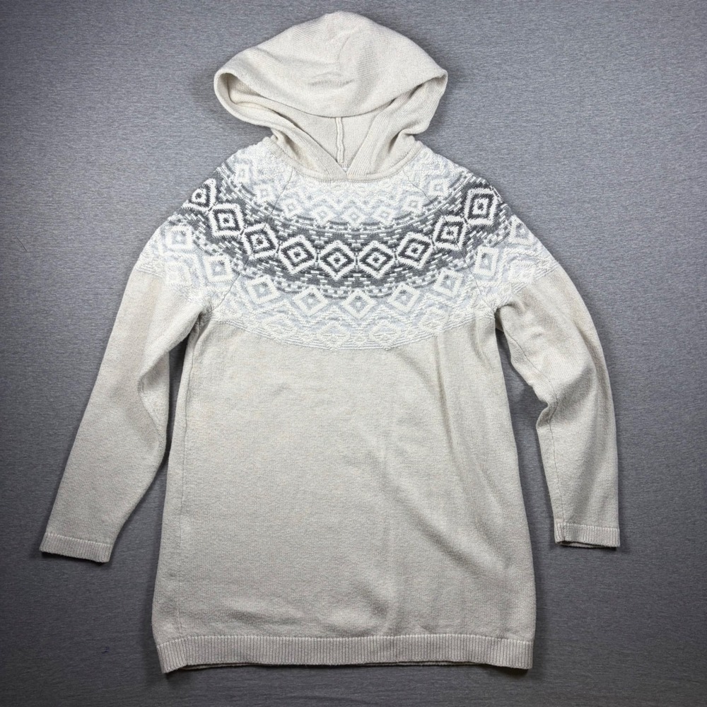 J. Jill Hooded Tunic Sweater Size M Fair Isle Nordic Geometric Beige Gray Cream
